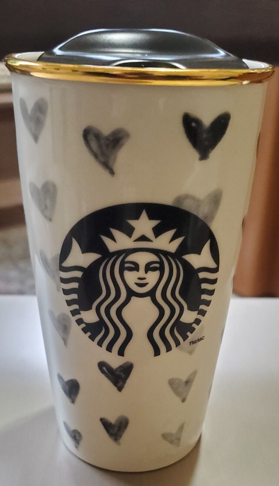 Starbucks Black Heart Travel Ceramic Tumbler Mug Cup  w/Lid 2014 euc