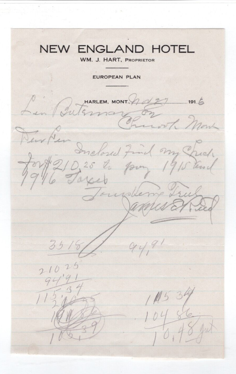 1916 Letterhead New England Hotel, Harlem Montana Signed James Reed