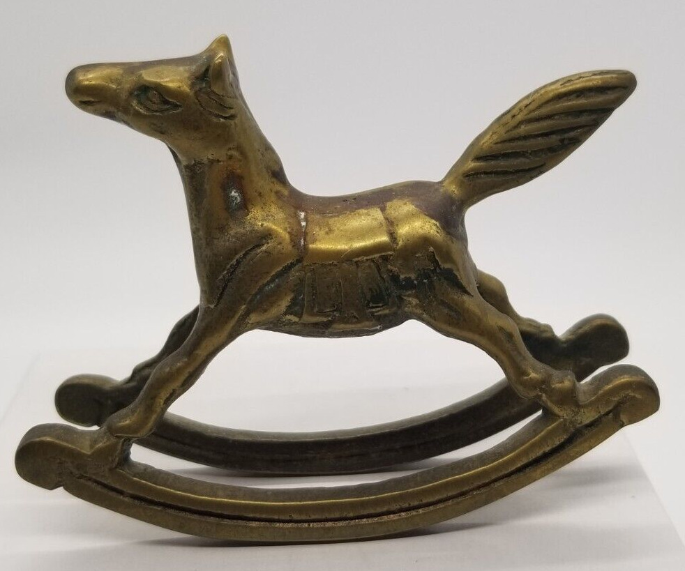 VTG Solid Brass Metal Rocking Horse Figurine Sculpture 2\