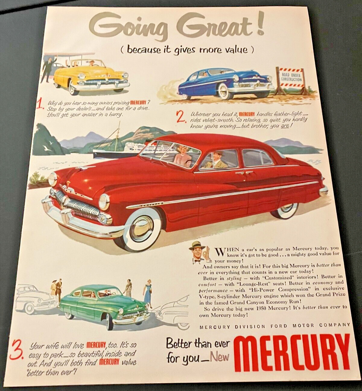 Red 1950 Mercury Sedan - Vintage Original Illustrated Color Print Ad / Wall Art
