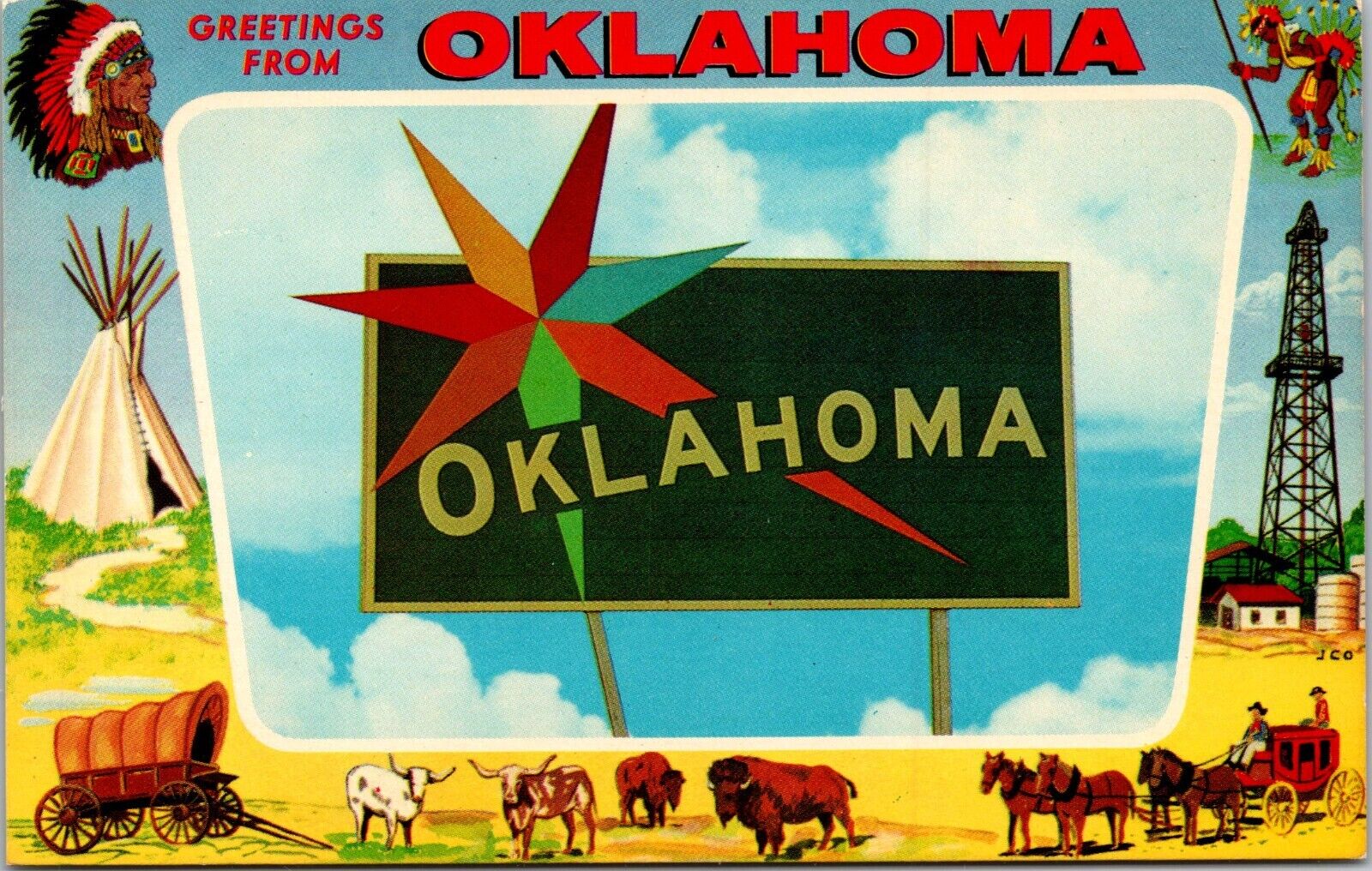 Greetings From Oklahoma Postcard With Indians, Buffalo, Stagecoach & Horses