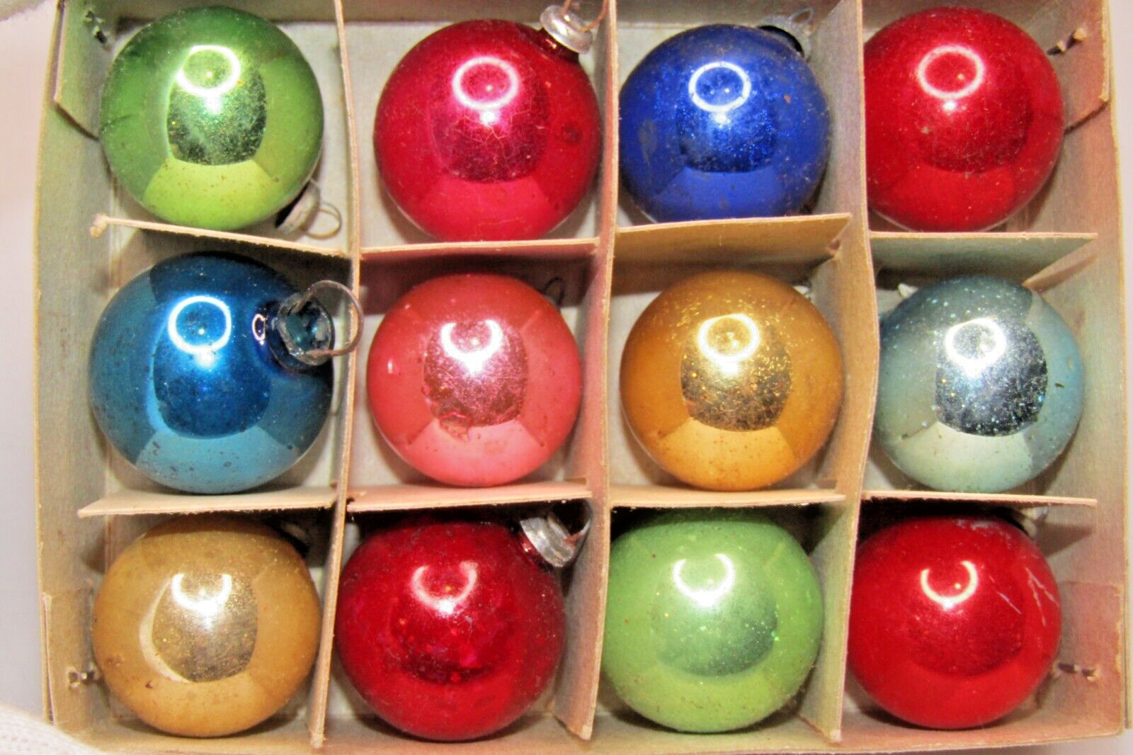 Lot 12 Vintage Glass Feather Tree Colorful BALL Mini Christmas Ornaments Japan