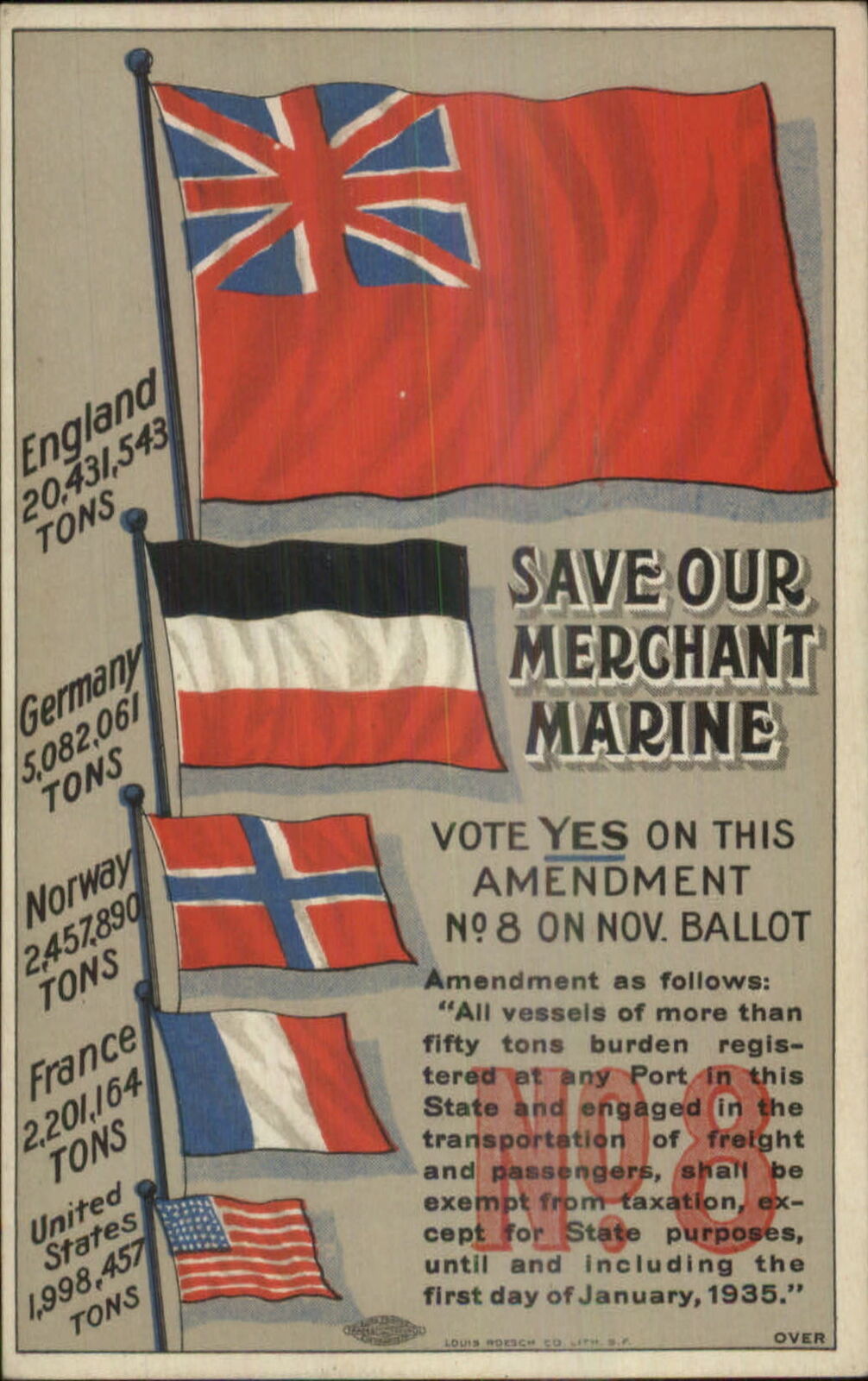 SAVE MERCHANT MARINE Poster Art Shipping California Constitution 1914 Voting
