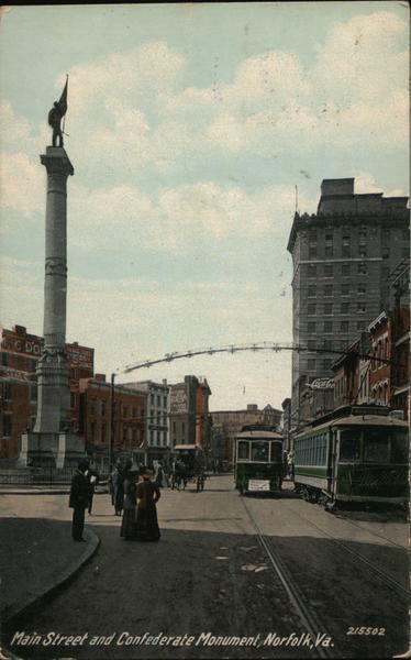 1912 Norfolk,VA Main Street and Confederate Monument Virginia Postcard 1c stamp