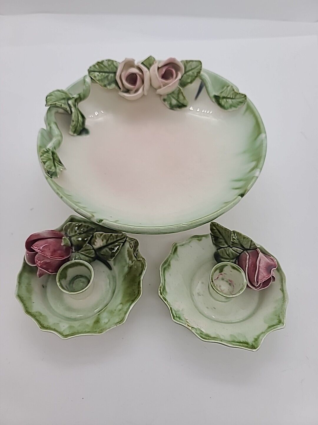 1900\'s Ceramic Ashtray with two matching candle holders with Pink Roses