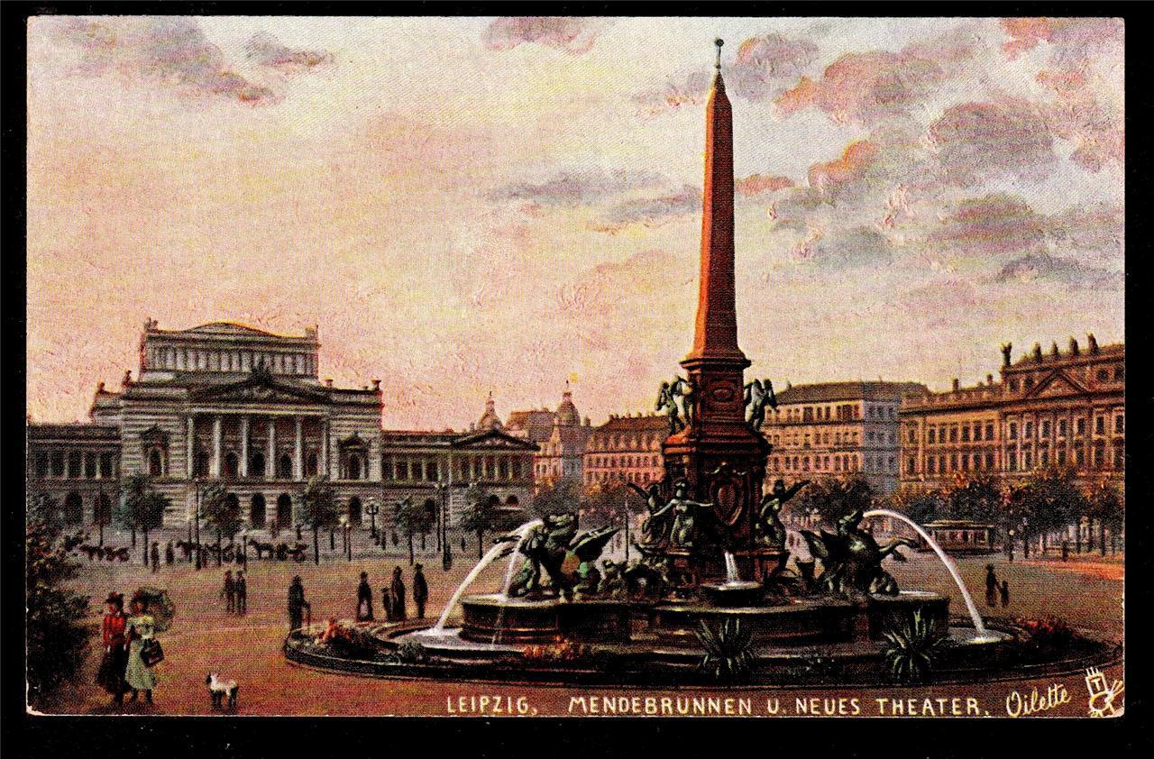 Tuck Memorial Fountain Mendebrunnen & Neus Theater Leipzig Germany postcard