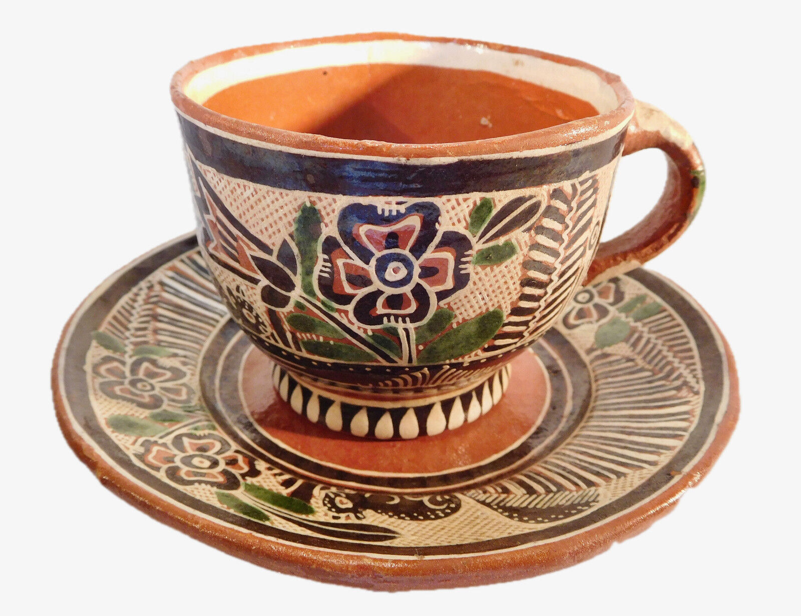 Vintage Mexican Pottery Tlaquepaque Petatillo Squirrels Cup & Saucer, signed