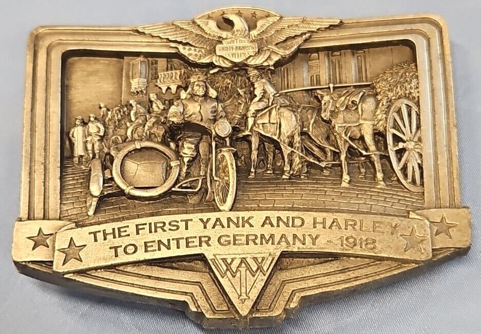 HARLEY DAVIDSON BELT BUCKLE THE FIRST YANK AND HARLEY TO ENTER GERMANY-1918 USED