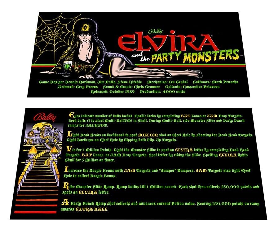 Bally Elvira and the Party Monsters Custom Apron Instruction Cards