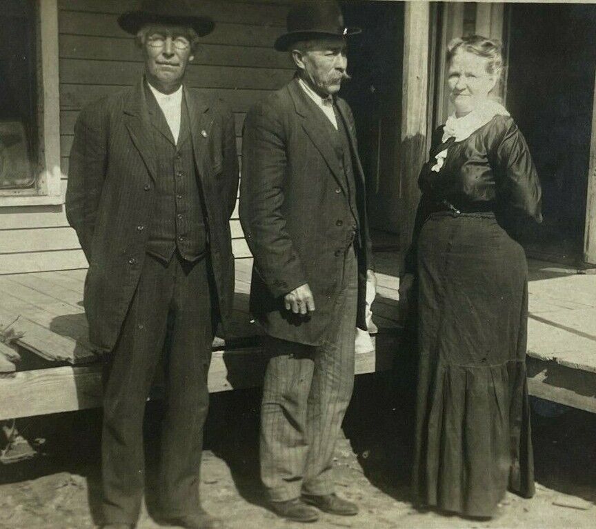 Two Men & Woman RPPC Wood Porch House Hat Postcard