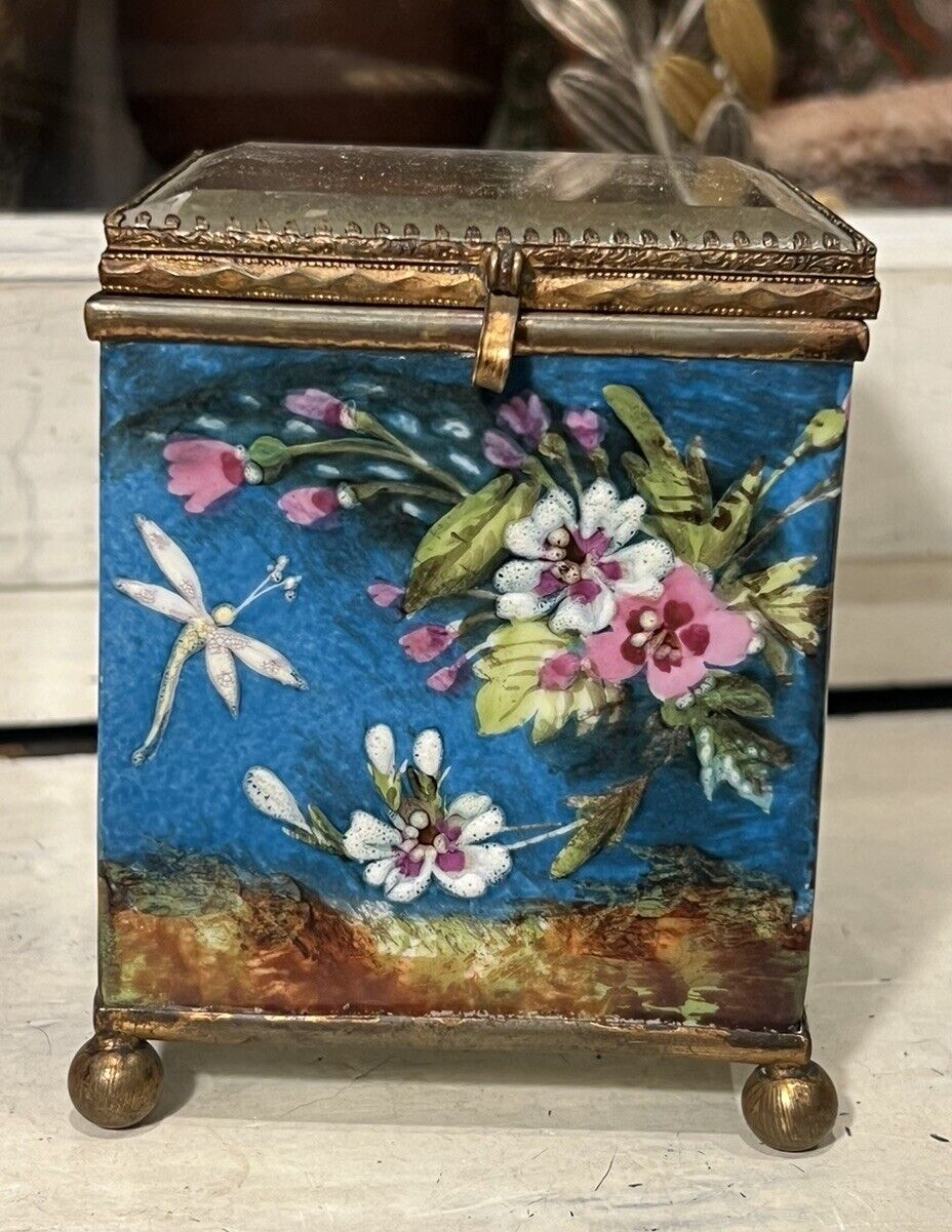 Antique c1900 French Enamel Painted Porcelain Ormolu Mirrored Jewelry Casket Box