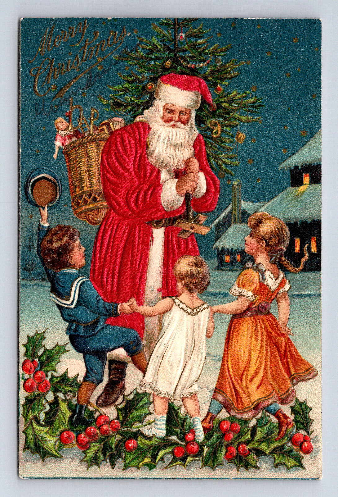 1908 SILK SANTA CLAUS Wicker Basket Doll Children Girls Boy Christmas Postcard