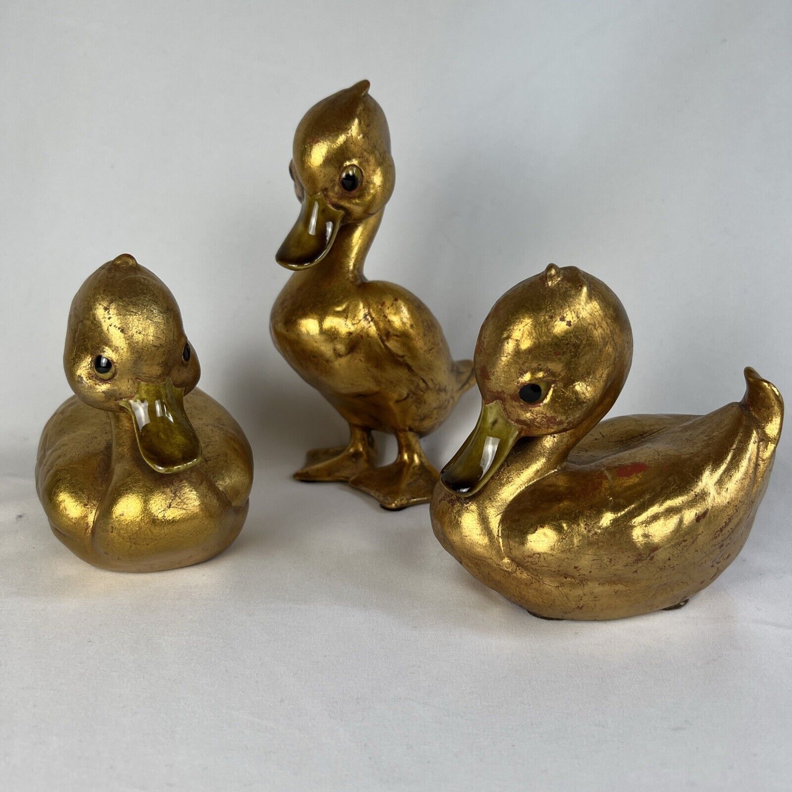 Vtg Anthony Freeman McFarlin Pottery Duck Figurines Gold Leaf Finish Set of 3