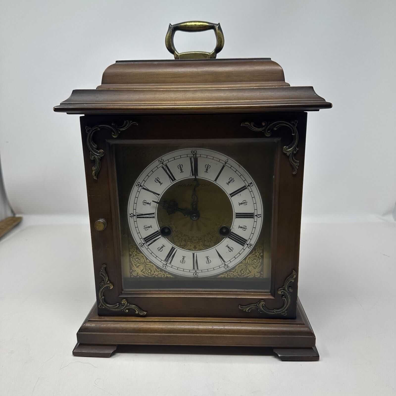 VINTAGE HAMILTON WOOD MANTLE CLOCK W/KEY PARTS POSSIBLY WORKS PAPERS