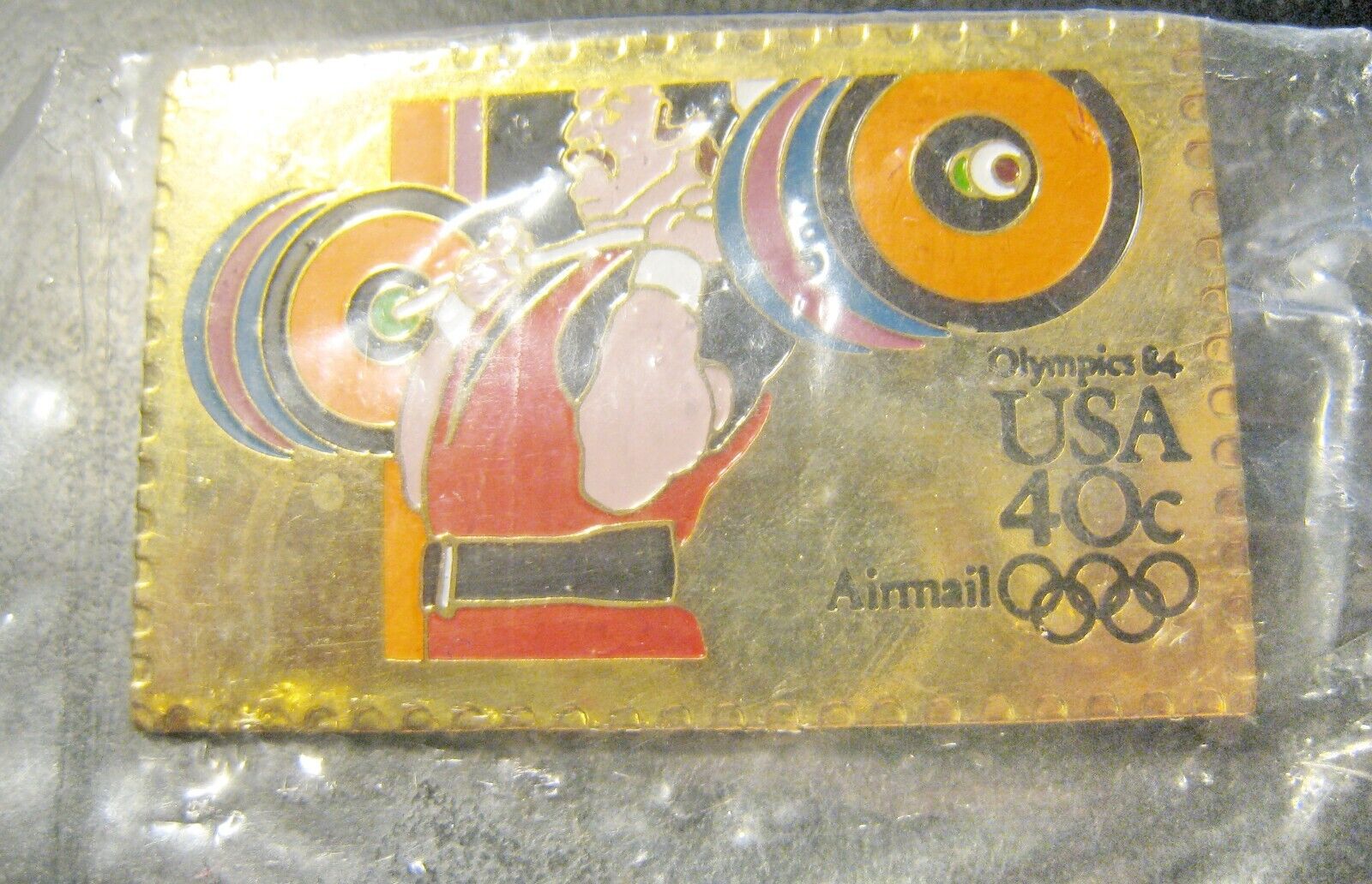 USA WEIGHTLIFTING OLYMPIC TEAM LOS ANGELES 84 OFFICIAL STAMP PIN NEW SEALED