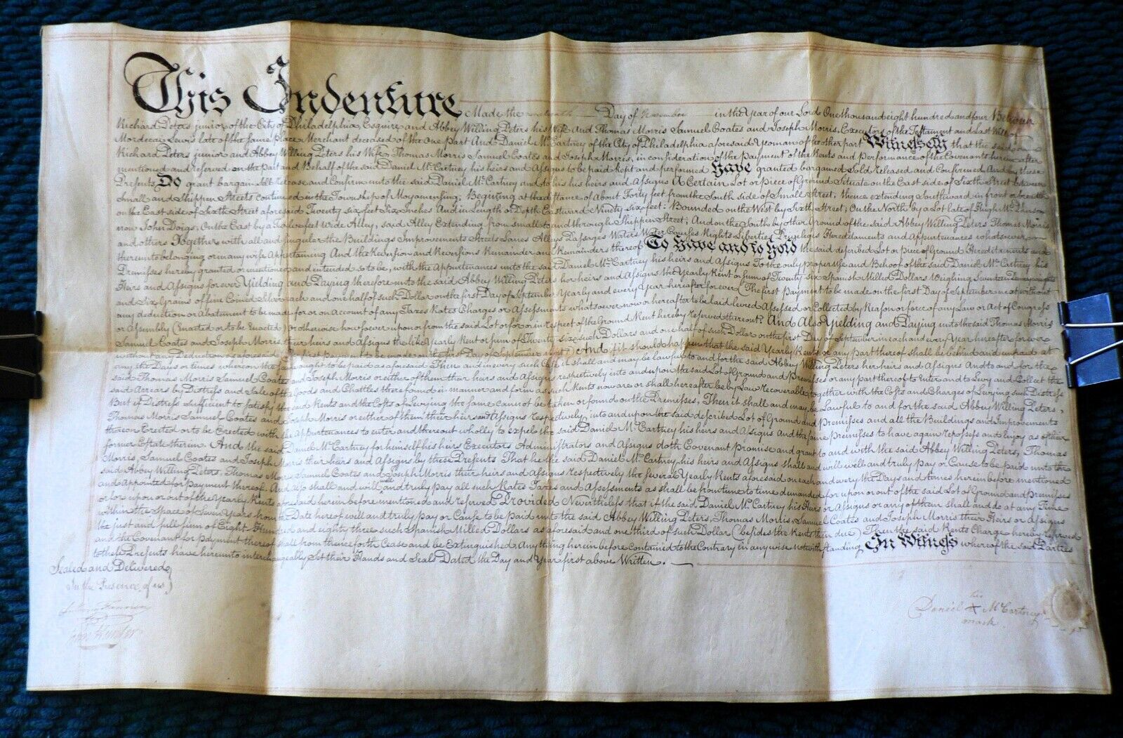 Antique Large Vellum Deed Philadelphia Pennsylvania 1804 signed Daniel McCartney