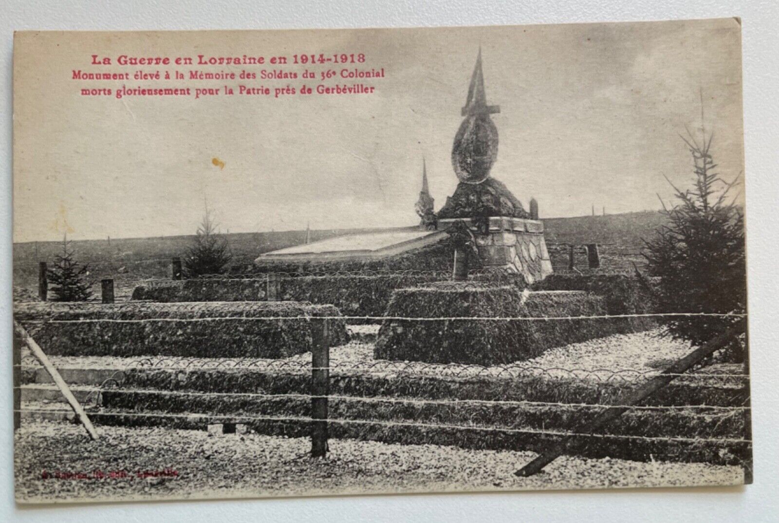 1920s Lithograph Postcard WWI Monument Lorraine, France Massacre at Gerbéviller