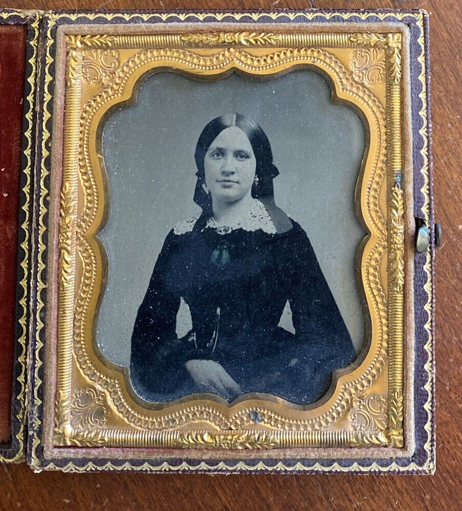 ANTIQUE YOUNG LADY WOMAN DAGUERREOTYPE TOOLED FRAMED THISTLE FLOWER Horse In Pin