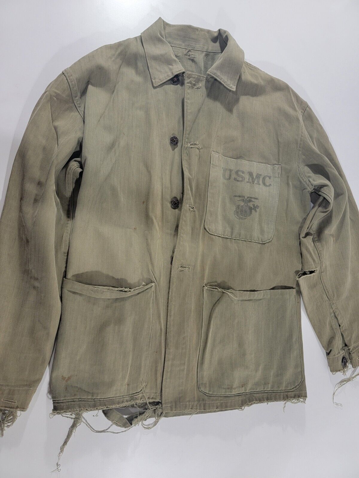 WWII USMC 1944 P41 HBT Herringbone Utility Shirt Jacket w/ Metal Buttons 