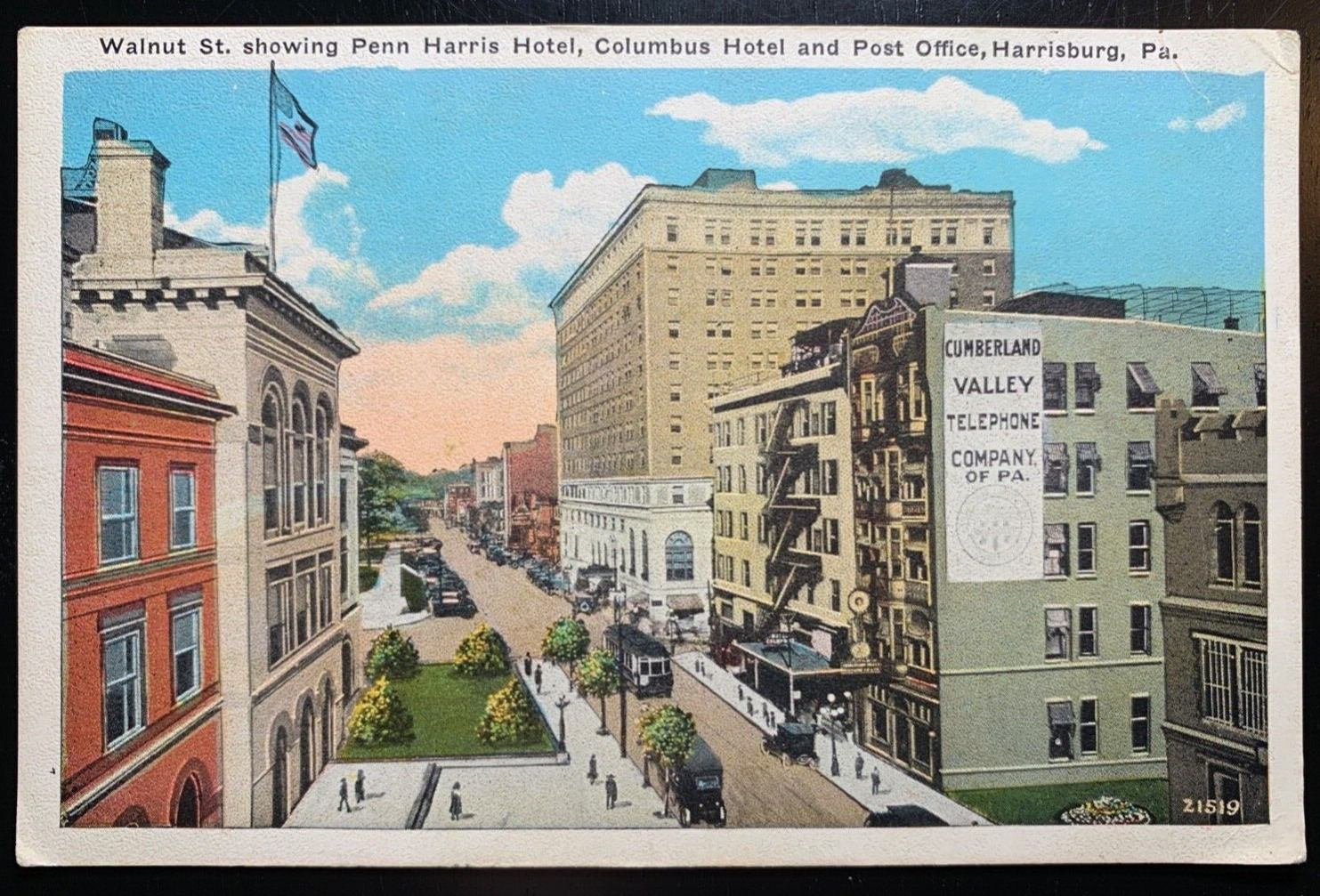 Postcard Harrisburg PA - c1920s Walnut Street View - Telephone Company