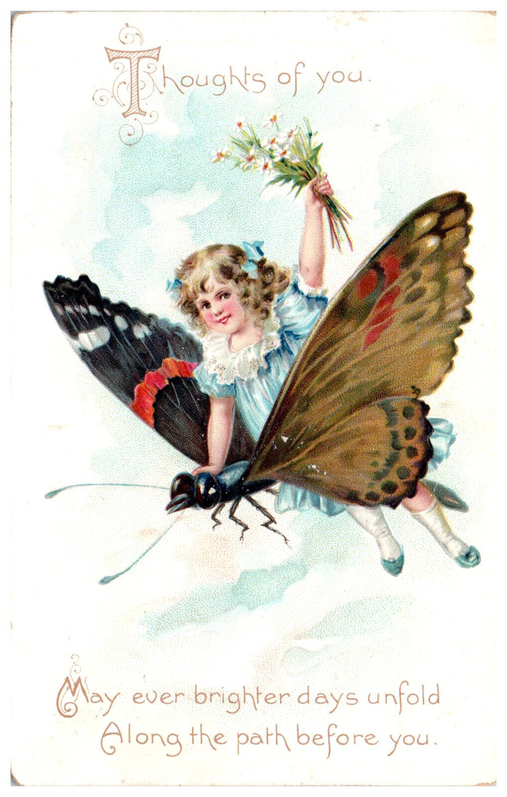 Postcard Tucks 105 Fantasy Child Riding Flying Moth Insect Carrying Flowers 1909