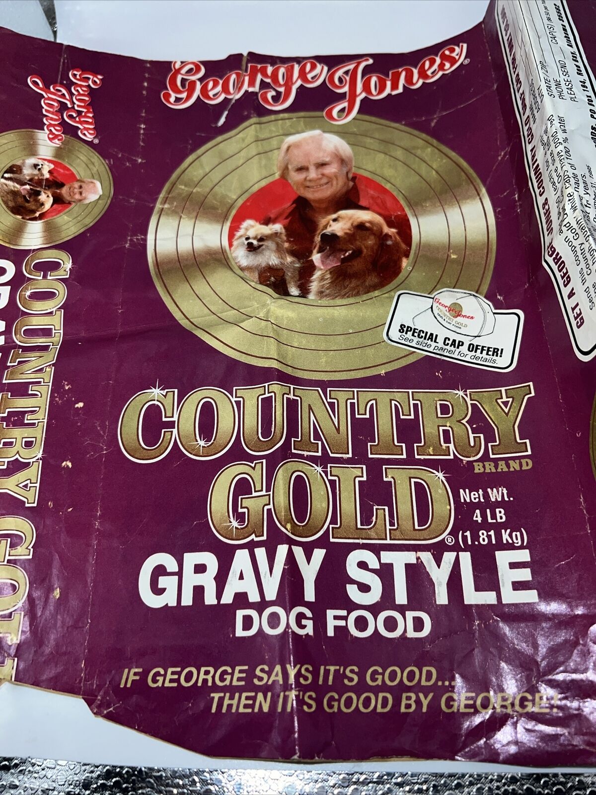 Vintage George Jones country, gold dog food, advertisement bag