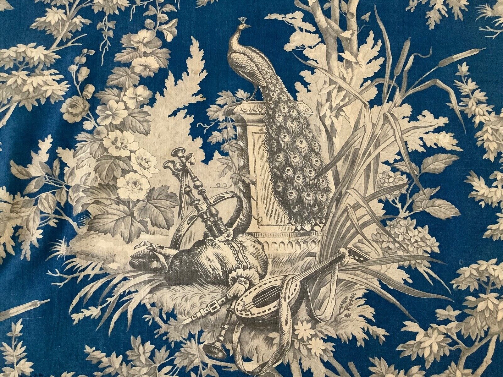 Antique French Cotton Toile Fabric 19th Century RARE Peacock Blue Floral