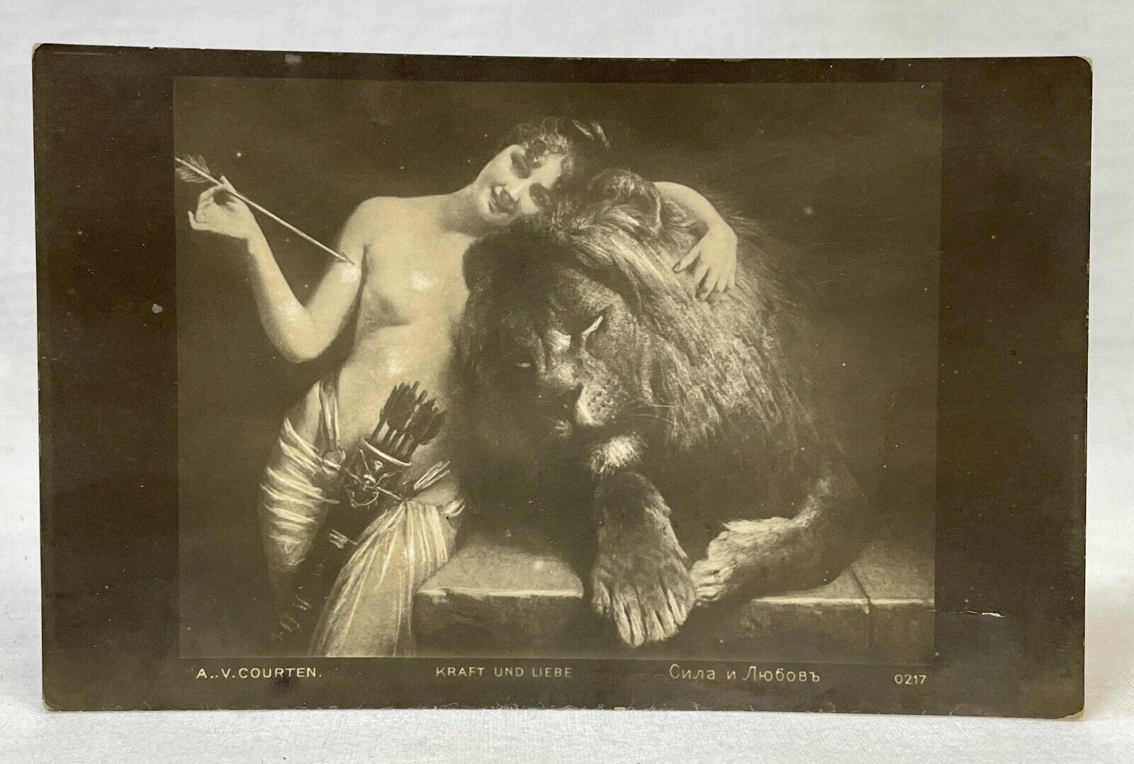 Angelo von Courten | Nude Goddess Diana w/ Lion | Gelatin Silver RPPC | 1900s