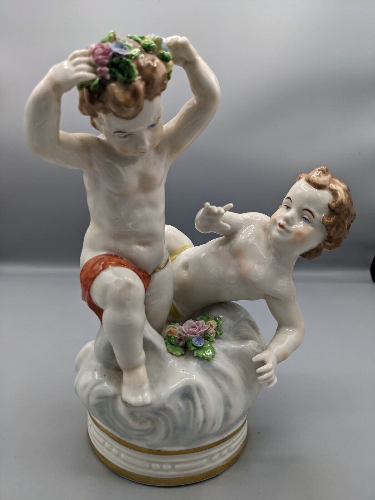 1900s Antique German Muller Volkstedt Porcelain Figurine Flowers Pickers Marked
