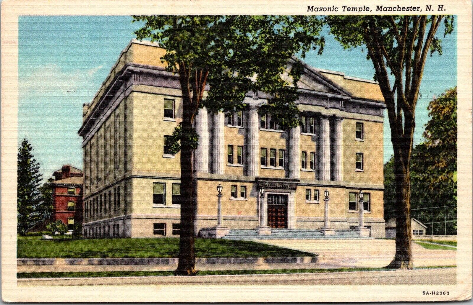MANCHESTER, NH. C.1935 PC~posted 1940’s~VIEW OF MASONIC TEMPLE~Linen WB KA13