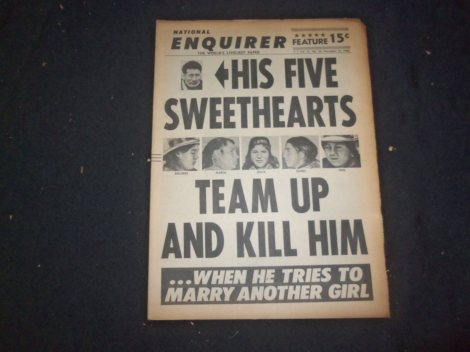 1966 NOV 13 NATIONAL ENQUIRER NEWSPAPER - FIVE SWEETHEARTS KILL HIM - NP 7427