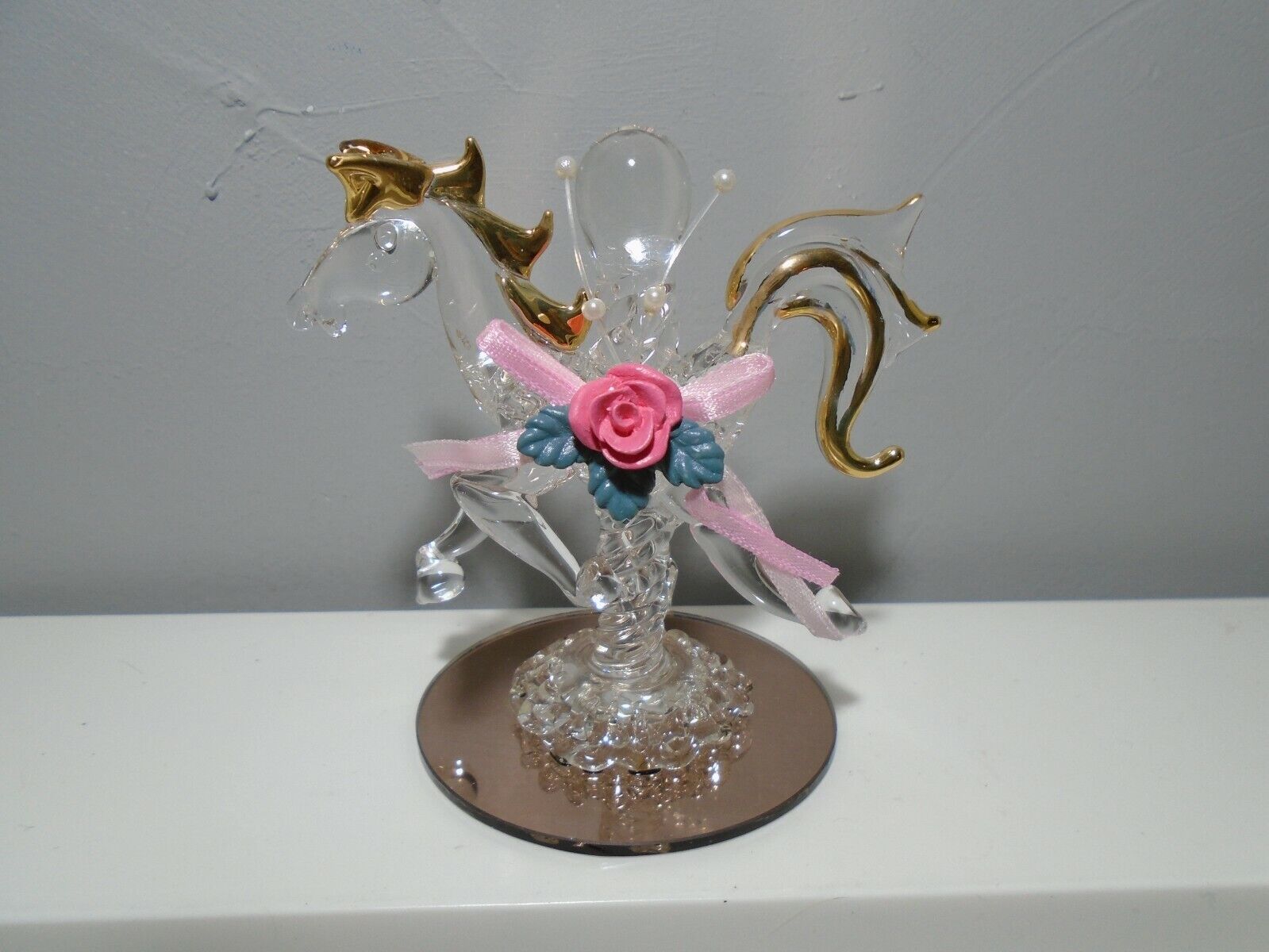 DURA BEST CREATIONS CRYSTAL & GLASS HAND MADE CAROUSEL HORSE WITH GOLD ACCENTS 