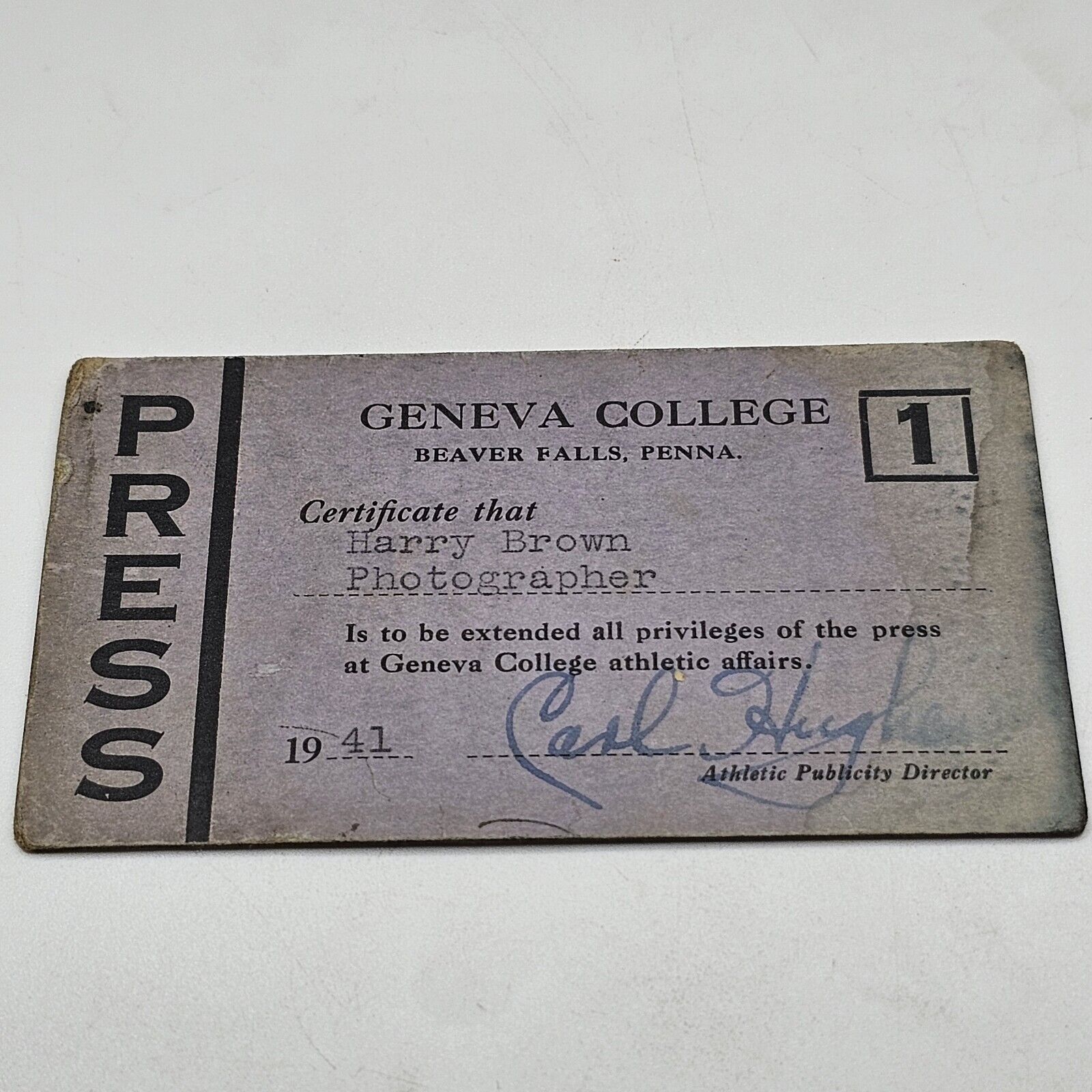 Vintage 1941 Press Pass Geneva College Beaver Falls Pennsylvania Carl Hughes