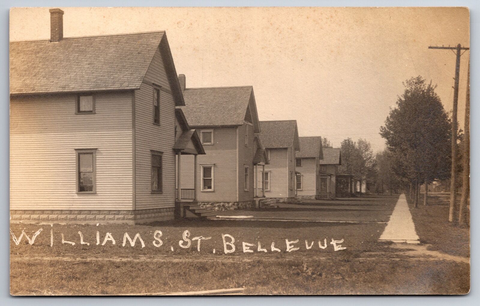 Bellevue MI 200 Block~Williams St~New Cookie Cutter Homes~RPPC c1910 Postcard