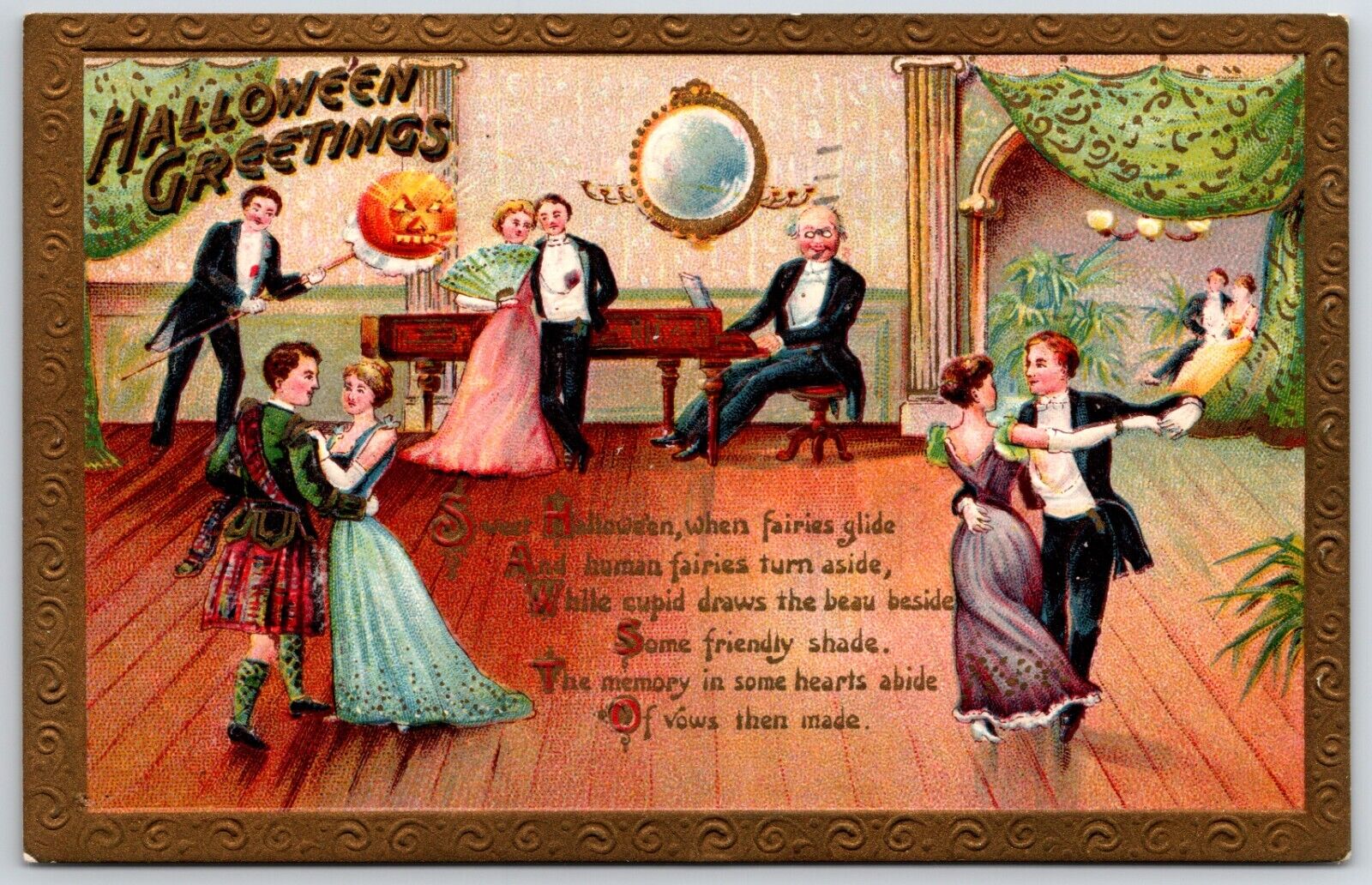 halloween greetings jol ballroom dancing romance vintage postcard PM 1913