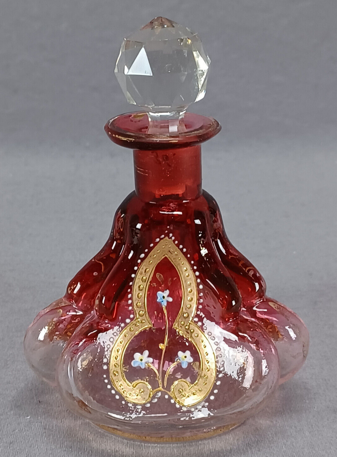 Late 19th Century Bohemian Cranberry Clear Enameled Floral & Gold Perfume Bottle