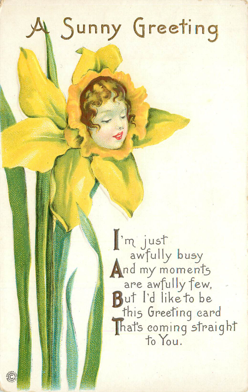 Stecher Postcard 424-C Embossed A Sunny Greeting Face in Yellow Daffodil Flower
