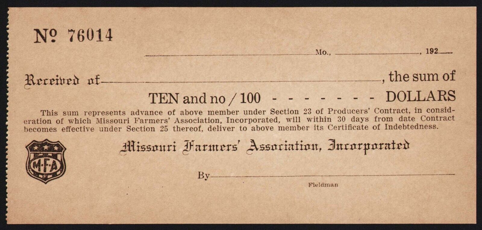 Vintage receipt M F A Missouri Farmers Association dues dated 1920s unused exc++