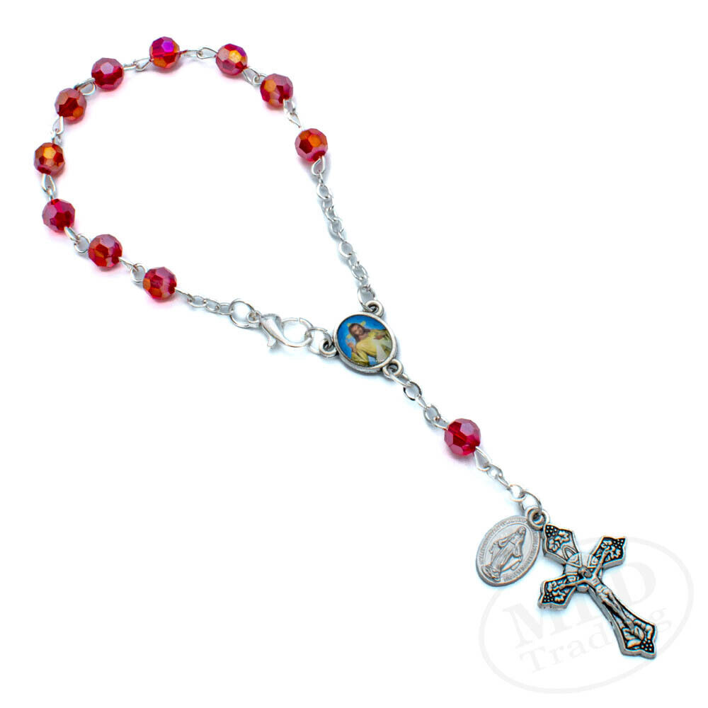 Divine Mercy Jesus Rearview Mirror Auto Rosary w/ Red Faceted Glass Beads