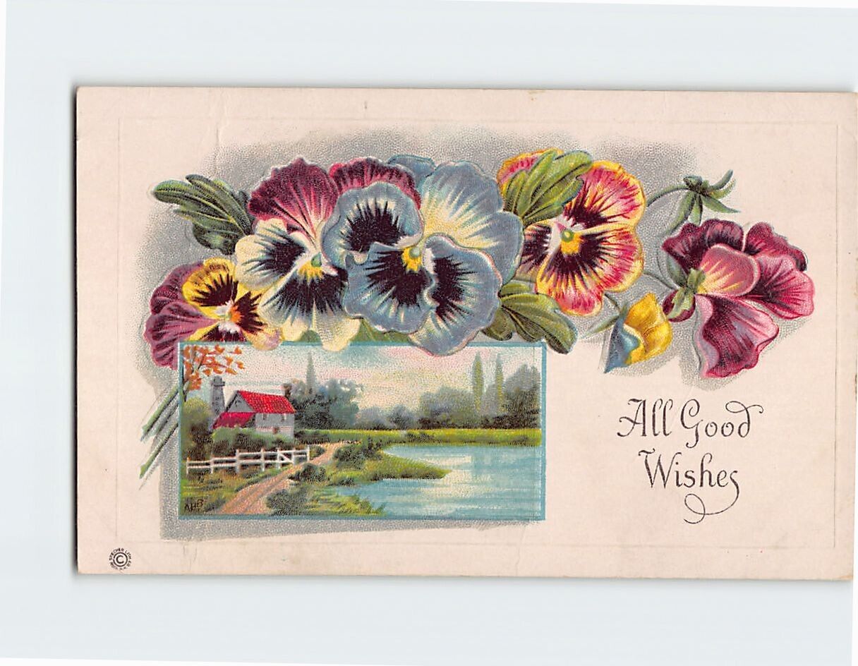Postcard All Good Wishes Countryside Scene Flower Art Print Embossed Card
