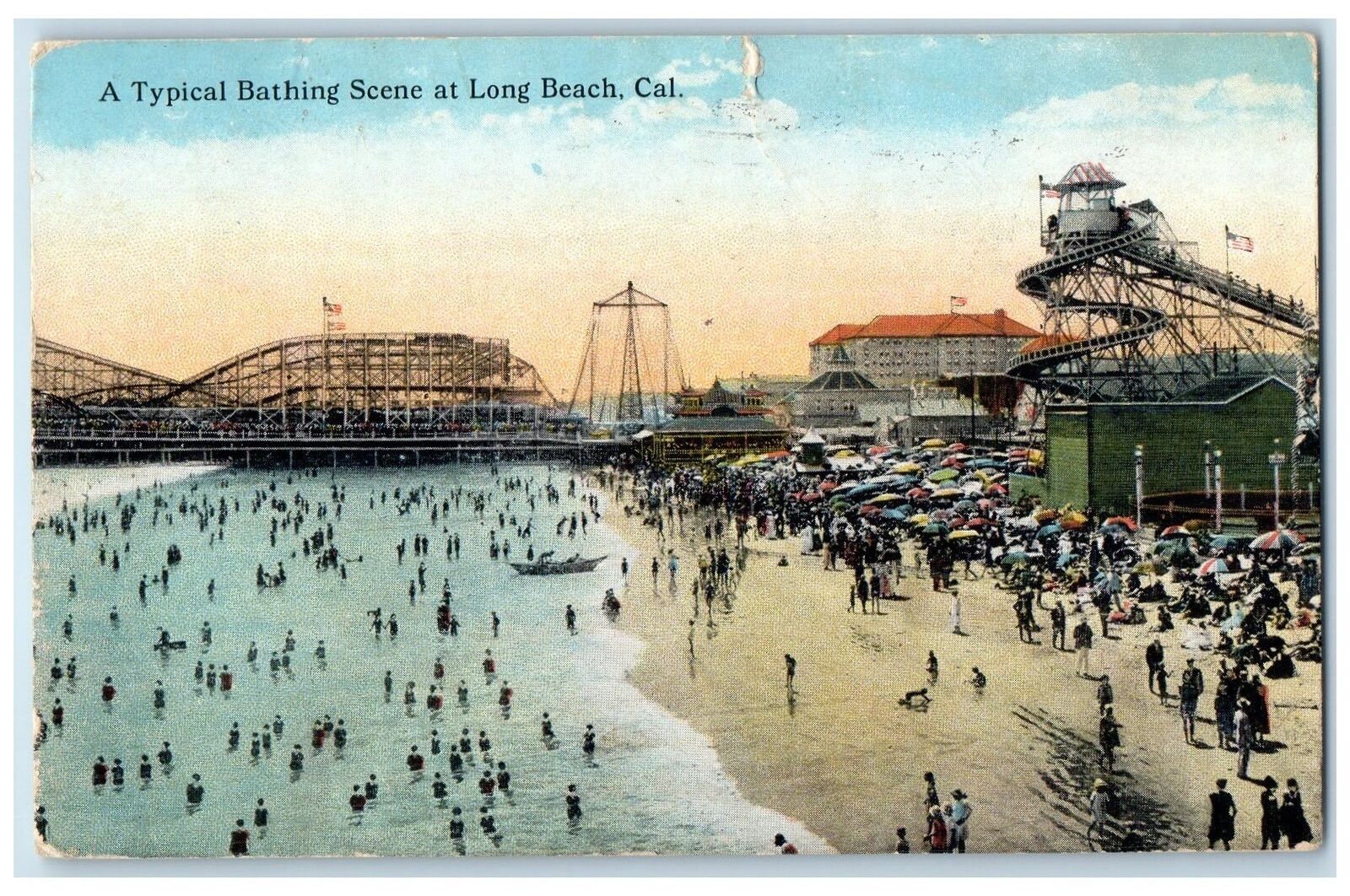 1921 Typical Bathing Scene Bathing Swimming At Long Beach California CA Postcard