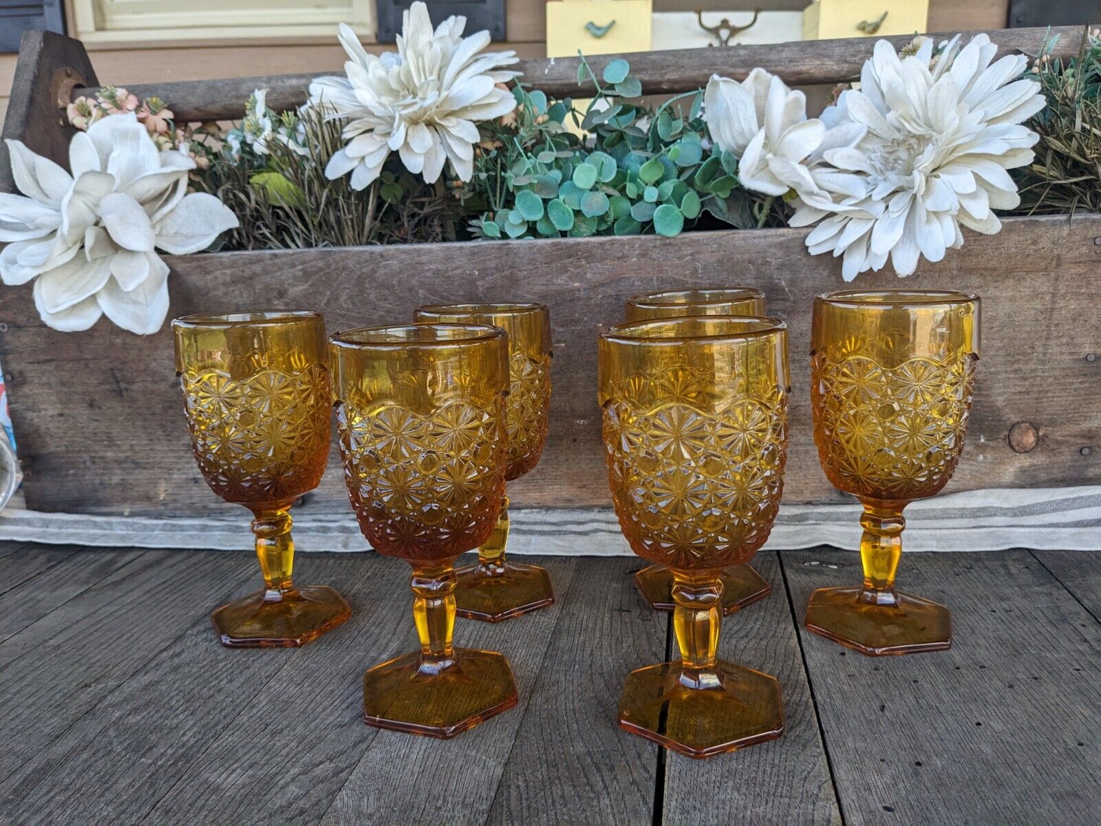Vintage L.E. Smith Glass Amber Daisy and Button Hexagon Footed Goblets (7)