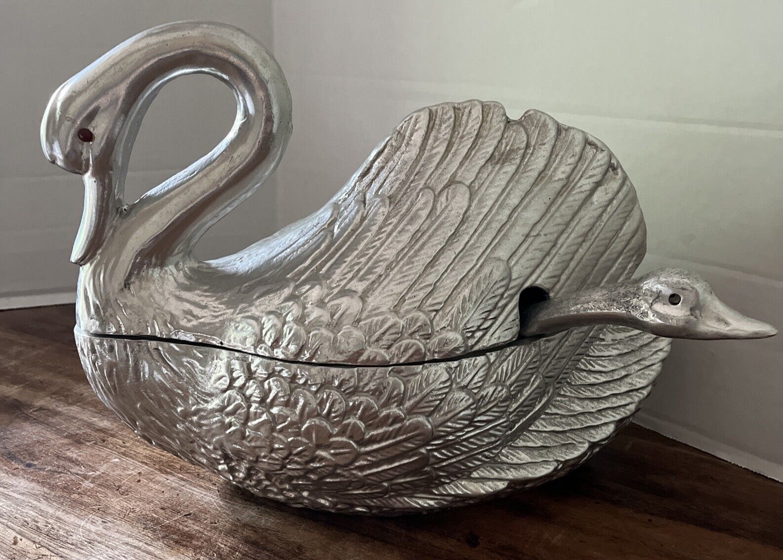 Vintage Aluminum Large Swan 3 piece Serving Wedding Dish Bowl Tureen Ladle Set