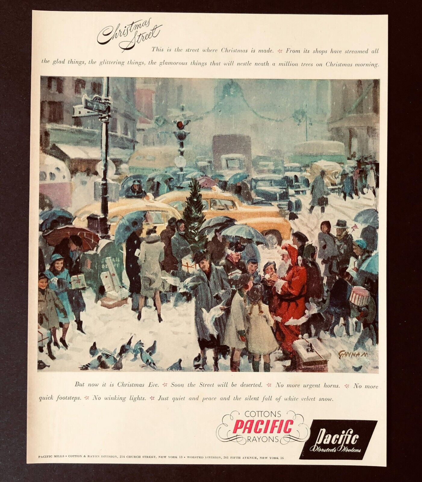 1948 Pacific Mills Advertisement Christmas Street Shoppers Cars Vtg Print AD