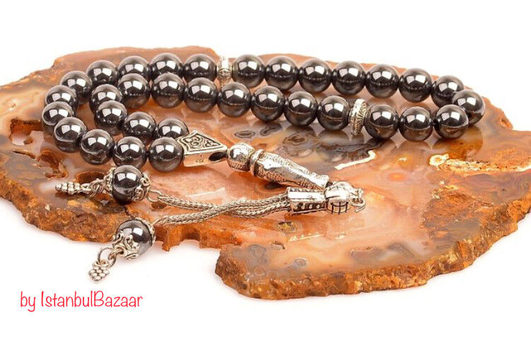 REAL Hematite Stone Islamic Prayer 33 beads Tasbih Misbaha Rosary Tasbeeh 8mm