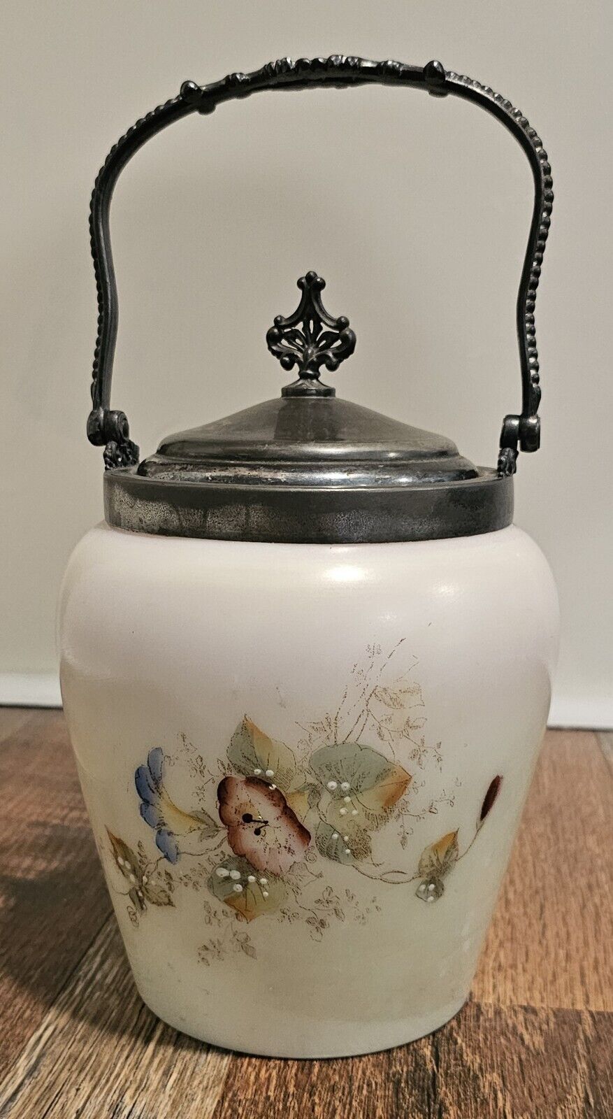 Antique Victorian Van Bergh Silverplate Biscuit Cookie Jar Handpainted Flower