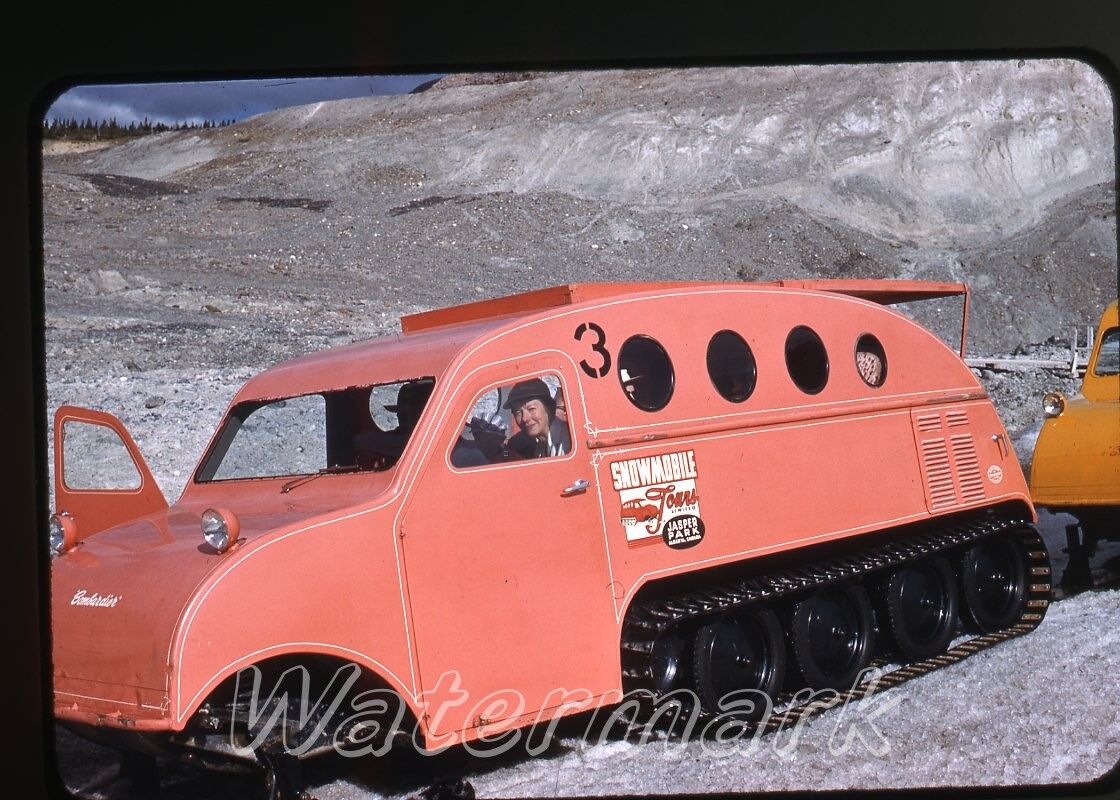 Vintage 1959 kodachrome photo slide Jasper Park Snowmobile Alberta BC Canada 