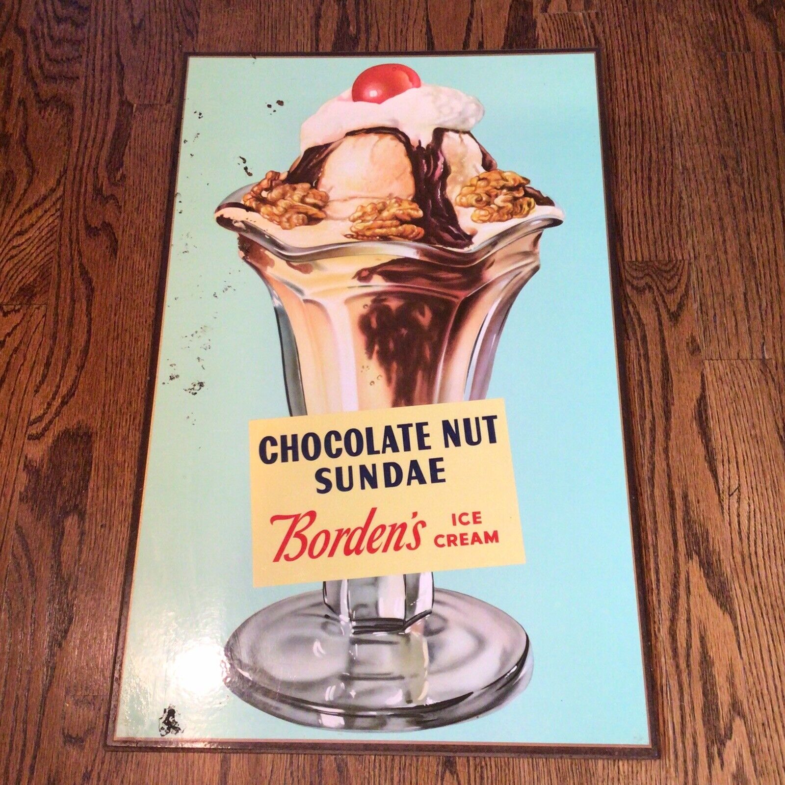 Borden’s Ice Cream Promo Wood Pressed Board Sign Chocolate Nut Sundae VTG