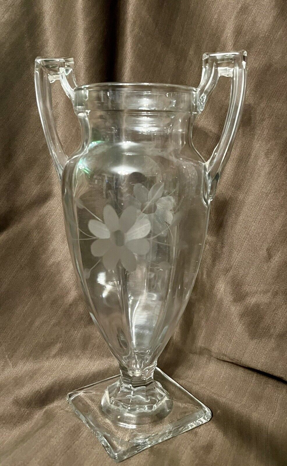 Vintage Etched Glass Large 11 in Vase, Loving Cup Early American Heirloom Piece