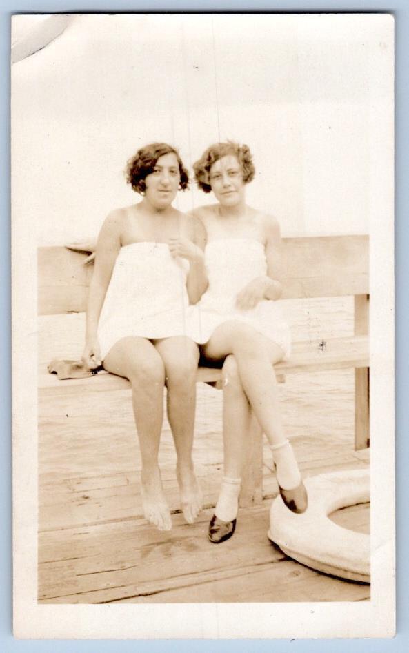1920's JOSEPHINE & VERA AT THE PIER TWO GOOD GIRLS GONE WRONG ANTIQUE SNAPSHOT
